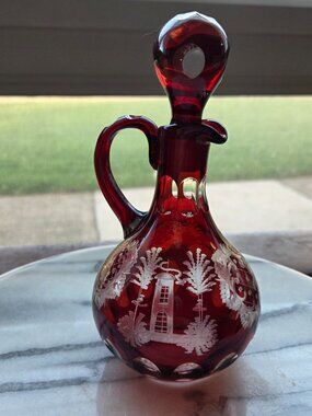 Antique Egermann Czech Bohemian Ruby Red Cut to Clear Cruet Crystal Stag Pitcher